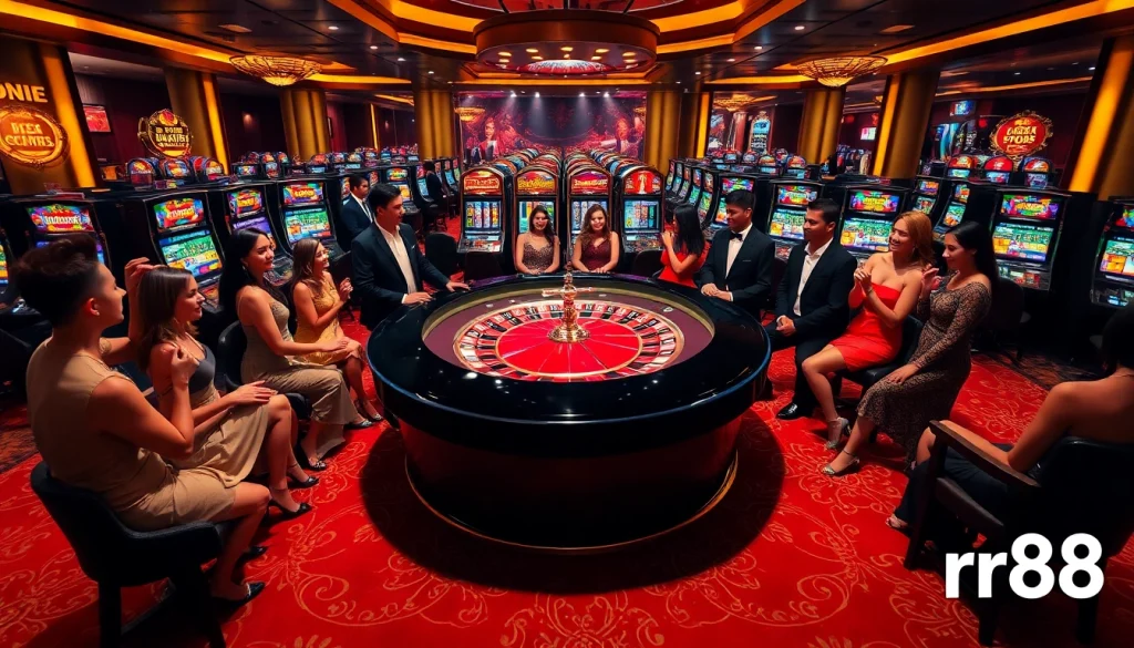 Casino gaming excitement at RR88 with players at a vibrant roulette table and slot machines.