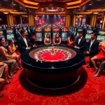Casino gaming excitement at RR88 with players at a vibrant roulette table and slot machines.