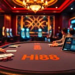 Players enjoying a high-stakes poker game at Hi88 casino, surrounded by vibrant slot machines.