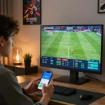 Soi keo betting scene showing a player engaged in sports betting analysis with live match visuals.