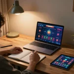 Engaged player analyzing tai xiu online betting strategies at home laptop with warm lighting.