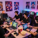 Players enjoying a lively session of hentai games with diverse characters, colorful gaming setup, and engaging atmosphere.
