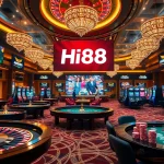 Engage with Hi88's exciting casino atmosphere, featuring vibrant tables and slot machines.