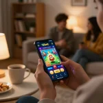 A person enjoying the 12bet casino app on their smartphone in a cozy home setting.