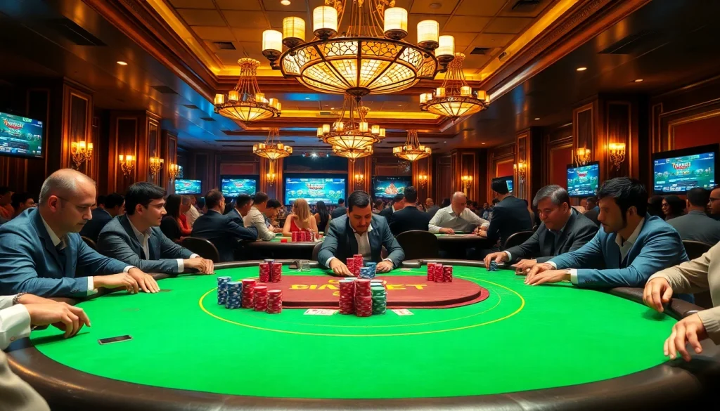 Players enjoy poker at THABET COLLEGE, showcasing excitement and strategy in a vibrant casino atmosphere.