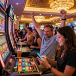 Players enjoying the Lucky 88 slot machine at a vibrant casino, celebrating wins and vibrant atmosphere.