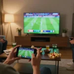 Engaging sports betting session featuring soi kèo nhà cái insights on smartphone, person immersed in live football match