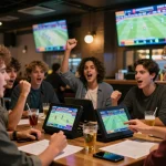 Engaging in dynamic sports betting at a lively venue while analyzing odds, reflecting the essence of keo bong da truc tuyen.