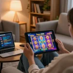Player enjoying slots at https://taya365.ink/ from a cozy home setup, showcasing a tablet with vibrant game display.