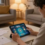 Engaging in app tài xỉu online at home on a tablet with betting notes nearby.