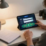 Engaging in online gambling with 789win đăng nhập on a tablet, showcasing a player's betting strategies and cozy home setup.