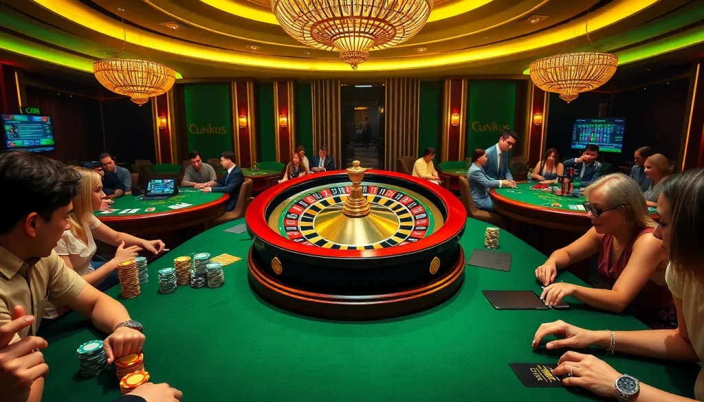 Players engaging in high-stakes gambling at a CM88 COM roulette table with vibrant decor and detailed casino elements.