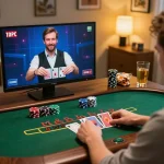 B52 club player engaging in a live dealer blackjack game, showcasing strategic gameplay and home comfort.