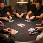 rik vip players strategizing at home poker night with colorful chips and cards