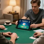 Engaging in poker on a tablet as part of net88's online gaming experience in a cozy setting.