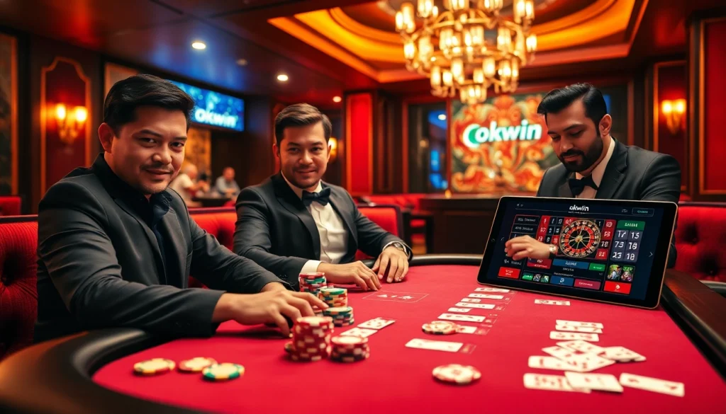Players at a high-stakes poker table enjoying the excitement of okwin casino games.