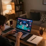 Player engaging in casino gameplay at home using bl555 com, warm and inviting setup with strategy notes visible