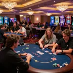 Experience the vibrant atmosphere of okwin with players engaged in exciting casino gameplay and dynamic lighting.
