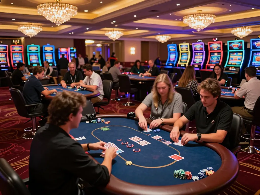 Experience the vibrant atmosphere of okwin with players engaged in exciting casino gameplay and dynamic lighting.