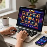 Player enjoying KP88 online slots and strategies at home with a laptop and phone