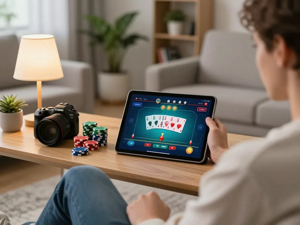 Player enjoying poker on Jun88 app in a cozy home setting, reflecting responsible gambling.