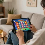 Playing game nổ hũ on a tablet in a cozy home setting with snacks and drinks nearby