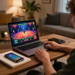 CWIN player engaging with online casino live dealer game in cozy home setup.