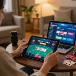 Engaged player using a tablet for sbobet11 online poker, showcasing strategic gameplay.