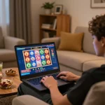nhà cái lode88 player enjoying slots on a laptop in a cozy home setting