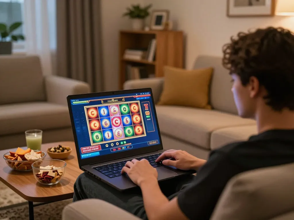nhà cái lode88 player enjoying slots on a laptop in a cozy home setting