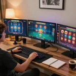 Engaging in strategic gameplay of 789 casino games on multiple screens in a cozy home office.