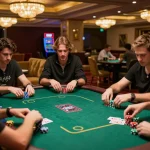 Players strategizing at a VIP poker table in an upscale casino, showcasing an exciting vipwin gaming experience.