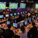Engaging sports fans analyzing кèo nhà cái 88 while placing bets in a vibrant sports bar