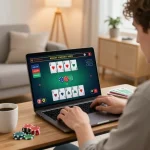 Engaging player enjoying blackjack on 98win, showcasing strategic gameplay in a warm home setting