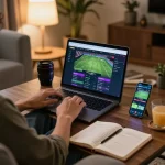 Xoilac user engaged in online sports betting, showcasing a modern gaming setup with a laptop and notebook.