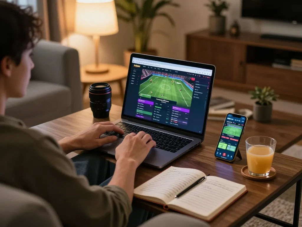 Xoilac user engaged in online sports betting, showcasing a modern gaming setup with a laptop and notebook.