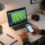 Betting on sports using lc88app on laptop in a stylish home office.