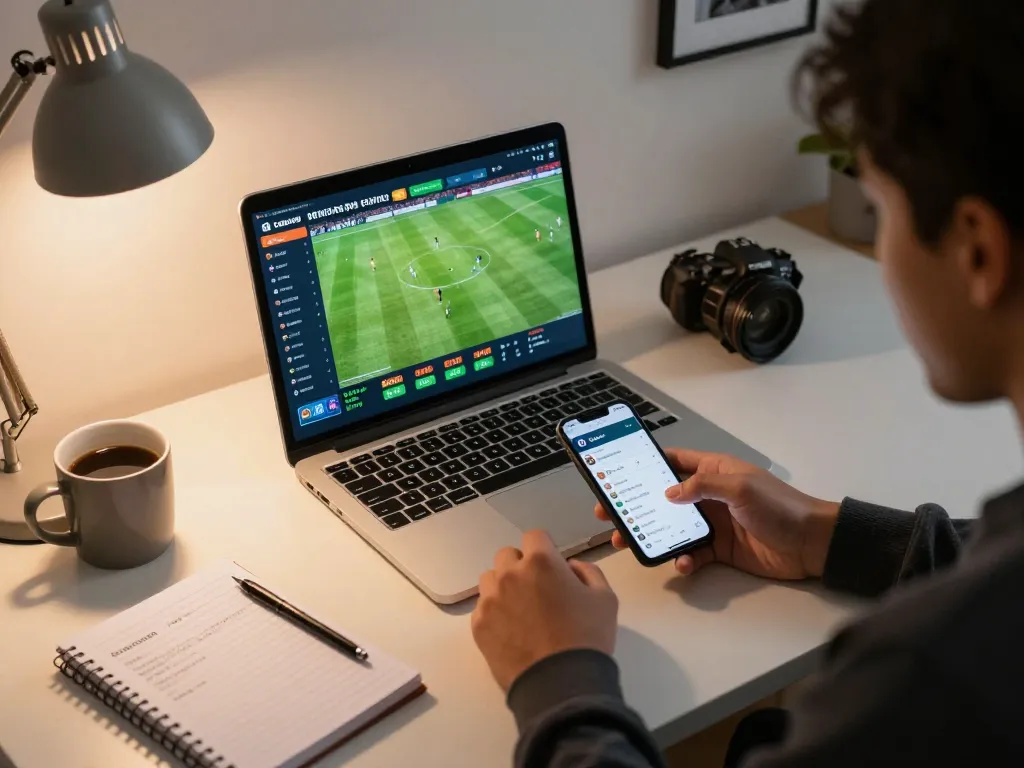 Betting on sports using lc88app on laptop in a stylish home office.