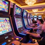 Người chơi LUCK8 ăn mừng chiến thắng tại các máy slot sôi động trong casino sang trọng, không khí đầy hồi hộp.
