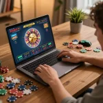 Players enjoying the online gambling experience with rikvip in a lively home setting, engaging in a live dealer roulette game.