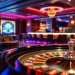 Spiele aufregende casinospiele in einem eleganten Lounge-Setting mit Roulette-Tisch.
