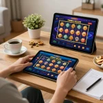 Player enjoying Go88 mobile gaming on tablet at home, surrounded by snacks and strategy notes