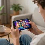 Người chơi tương tác với ứng dụng casino KO66 trên điện thoại thông minh, hiển thị giao diện trò chơi sống động
