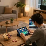 Player engrossed in online gaming at rik vip on tablet, cozy home atmosphere with snacks.