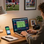 Engaging sports betting setup with users focused on tin soi kèo in the home office for strategy.