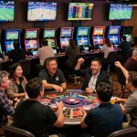 SC88 sports bettors cheering at a lively casino, placing bets on live games