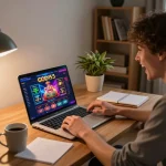 Engaged player enjoying god55 online casino on laptop in cozy home atmosphere.