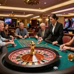 Excited players placing bets and enjoying a roulette game at BL555 casino, showcasing thrilling moments.