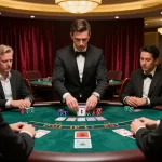 Players experiencing SC88 Power Blackjack at a luxury casino table with dealer and chips in focus.