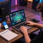 Engaged user exploring the trang chủ okwin live casino experience on a laptop, showcasing responsible gaming.